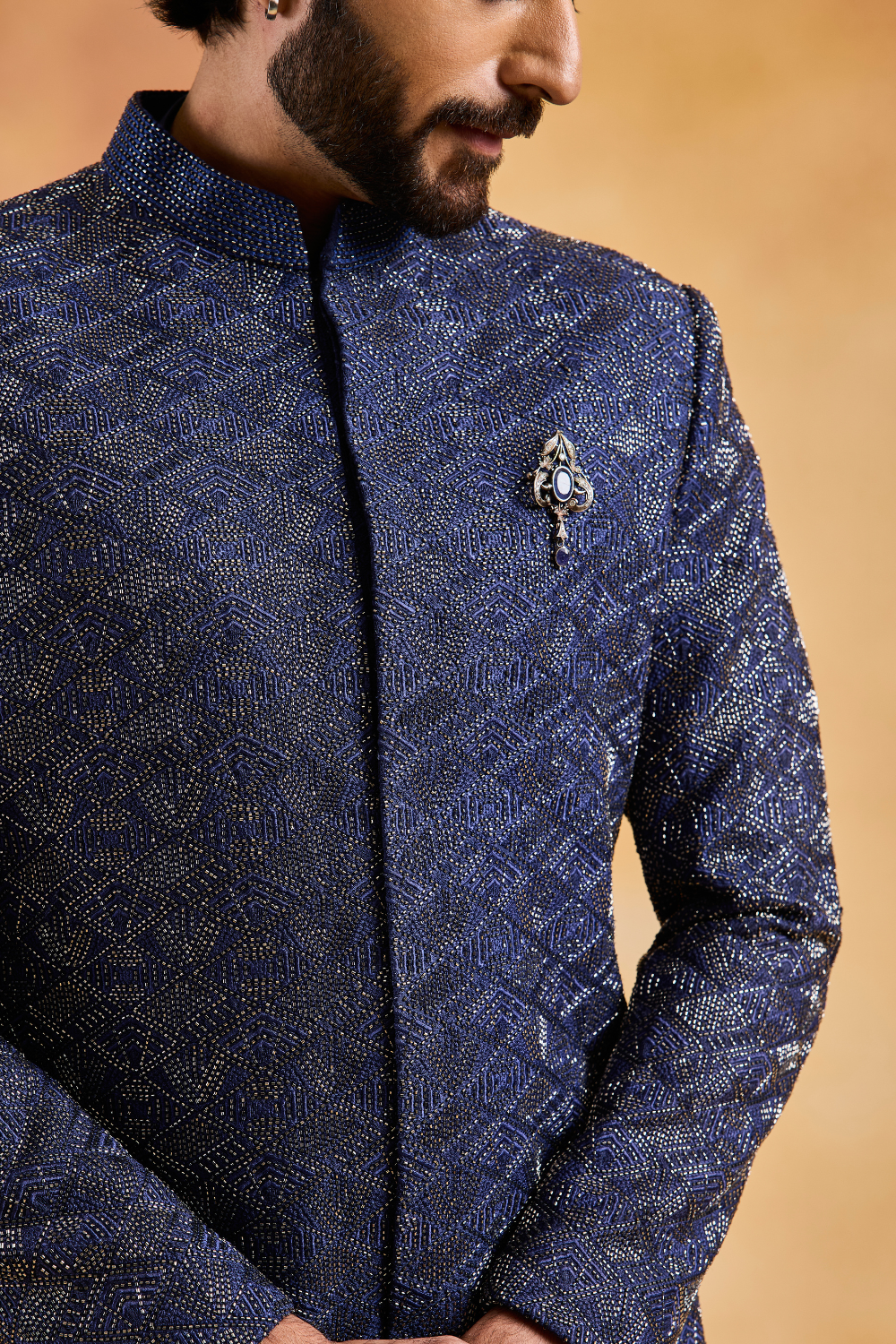 Navy Blue Sherwani Kurta Trouser Set