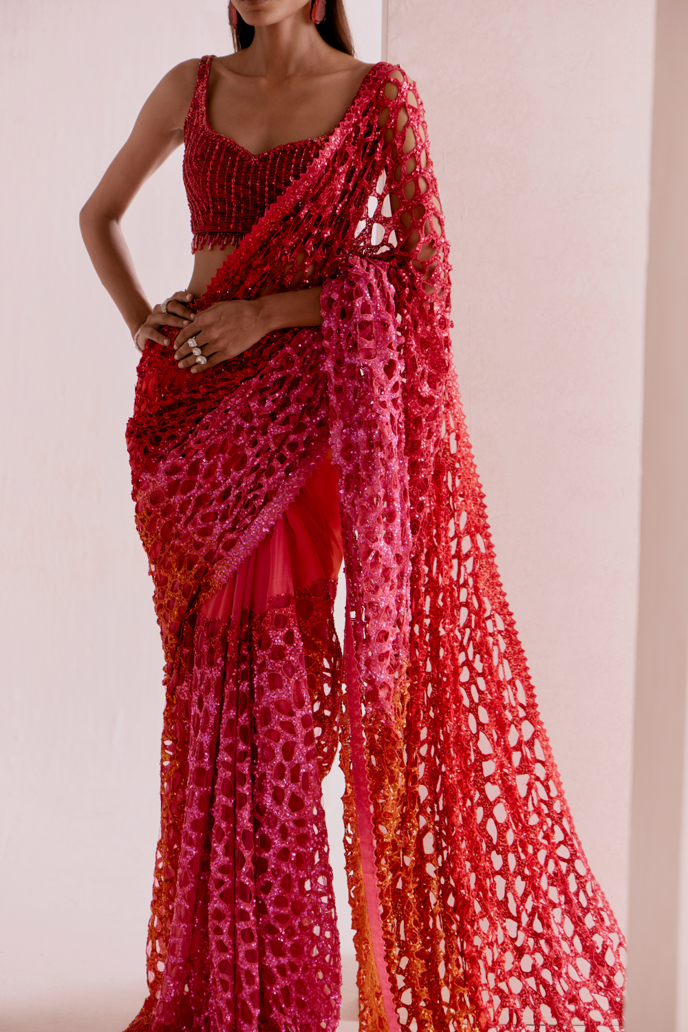 Red To Pink Cutwork Saree Set