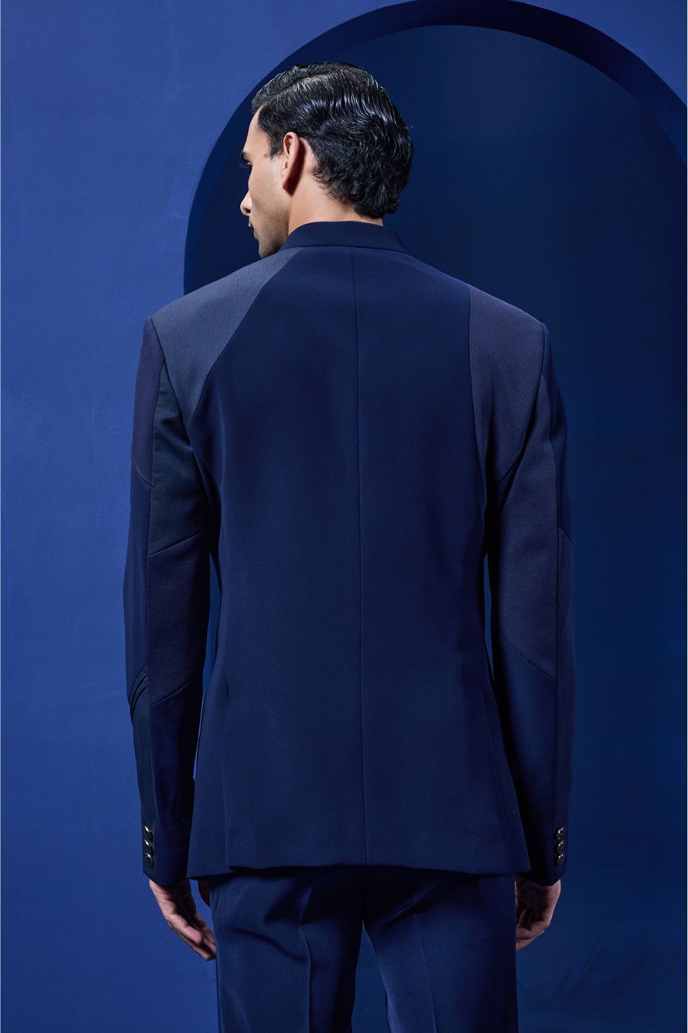 Navy blue bandhgala detailing with golden button