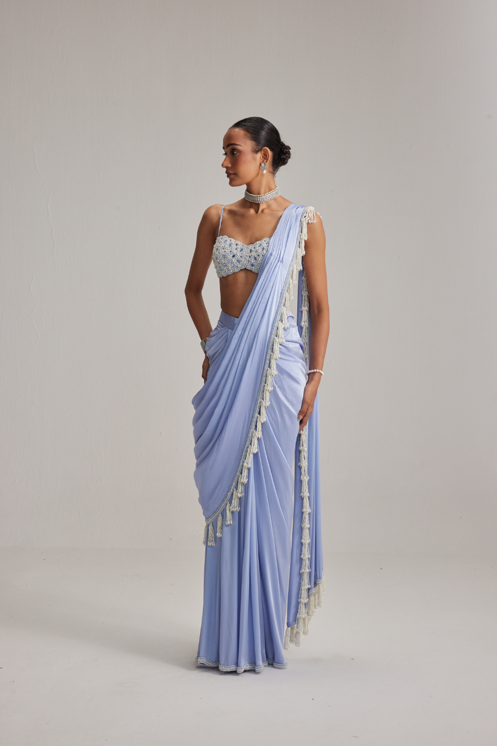 Dew Blue Satin Draped Saree Set