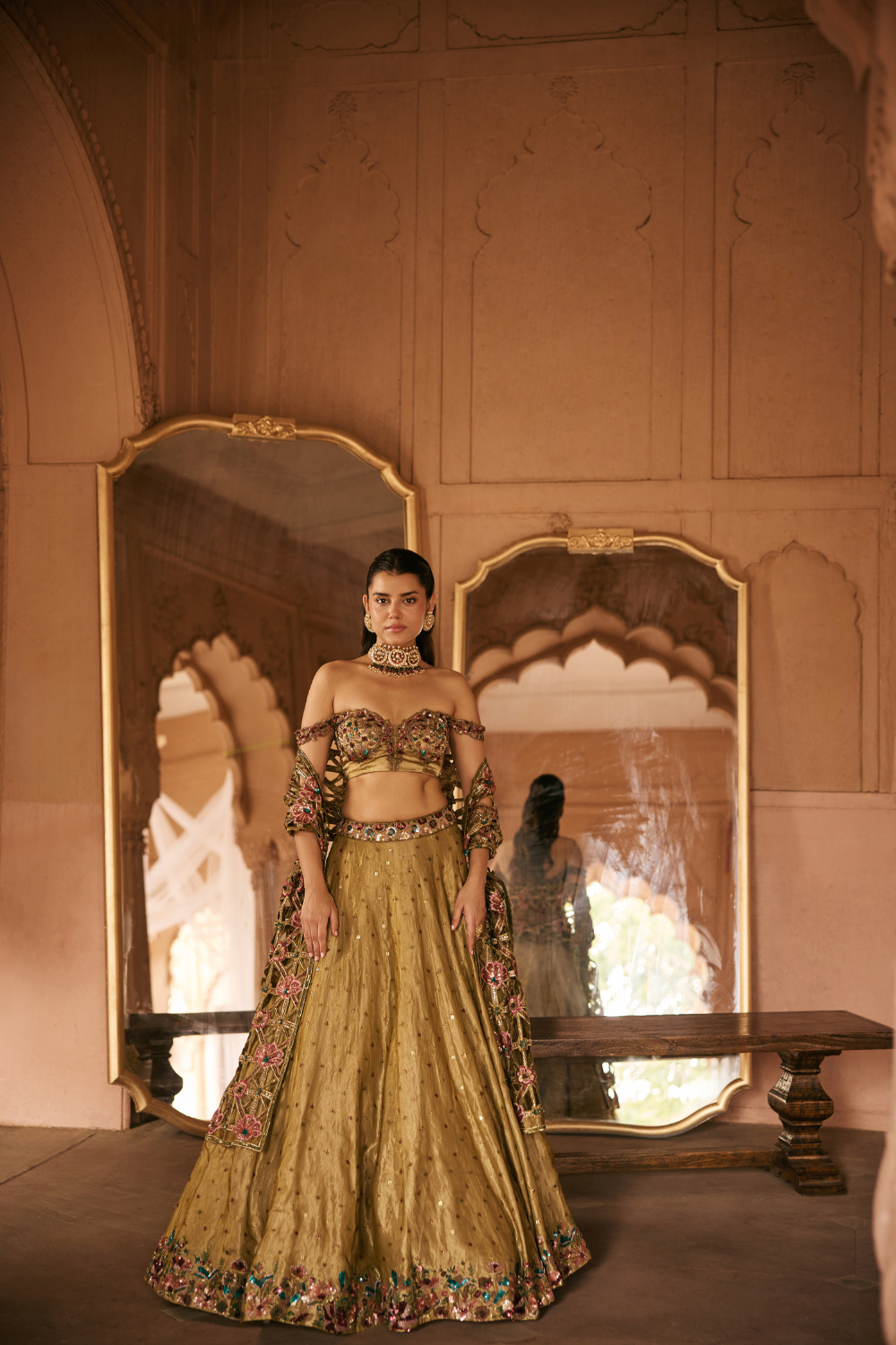 Gold, Sequins, Cutwork, Tissue, Lehenga Set