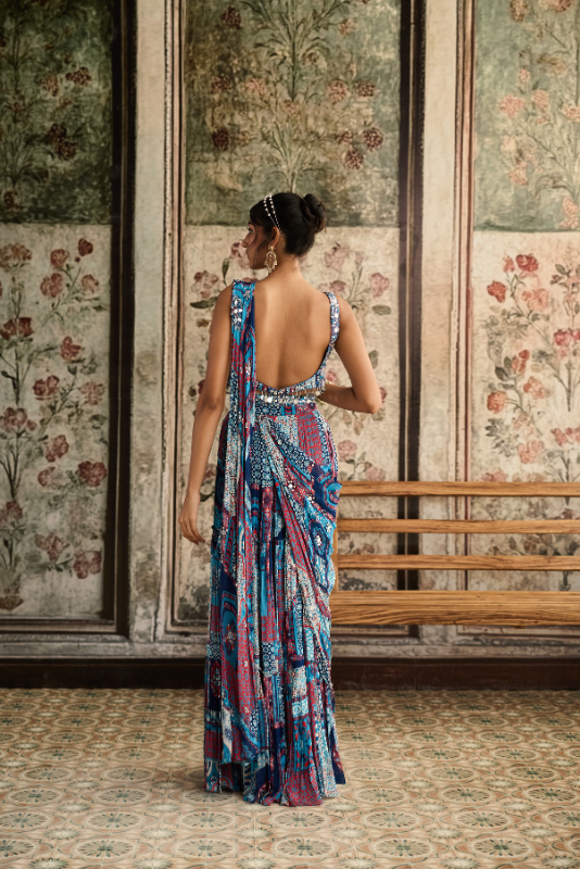 TEAL PRINT AND AND HIGHLIGHTED SQUARE NECK BLOUSE WITH TIERED SKIRT SAREE SET