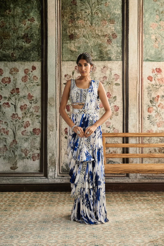 IVORY & BLUE FLORAL PRINT AND HIGHLIGHTED BORDER SKIRT SAREE SET
