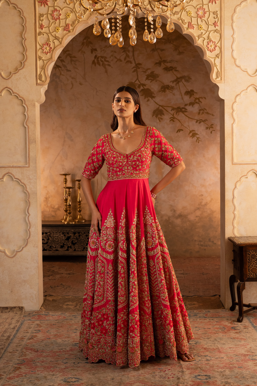 Red Raw Silk Anarkali Set