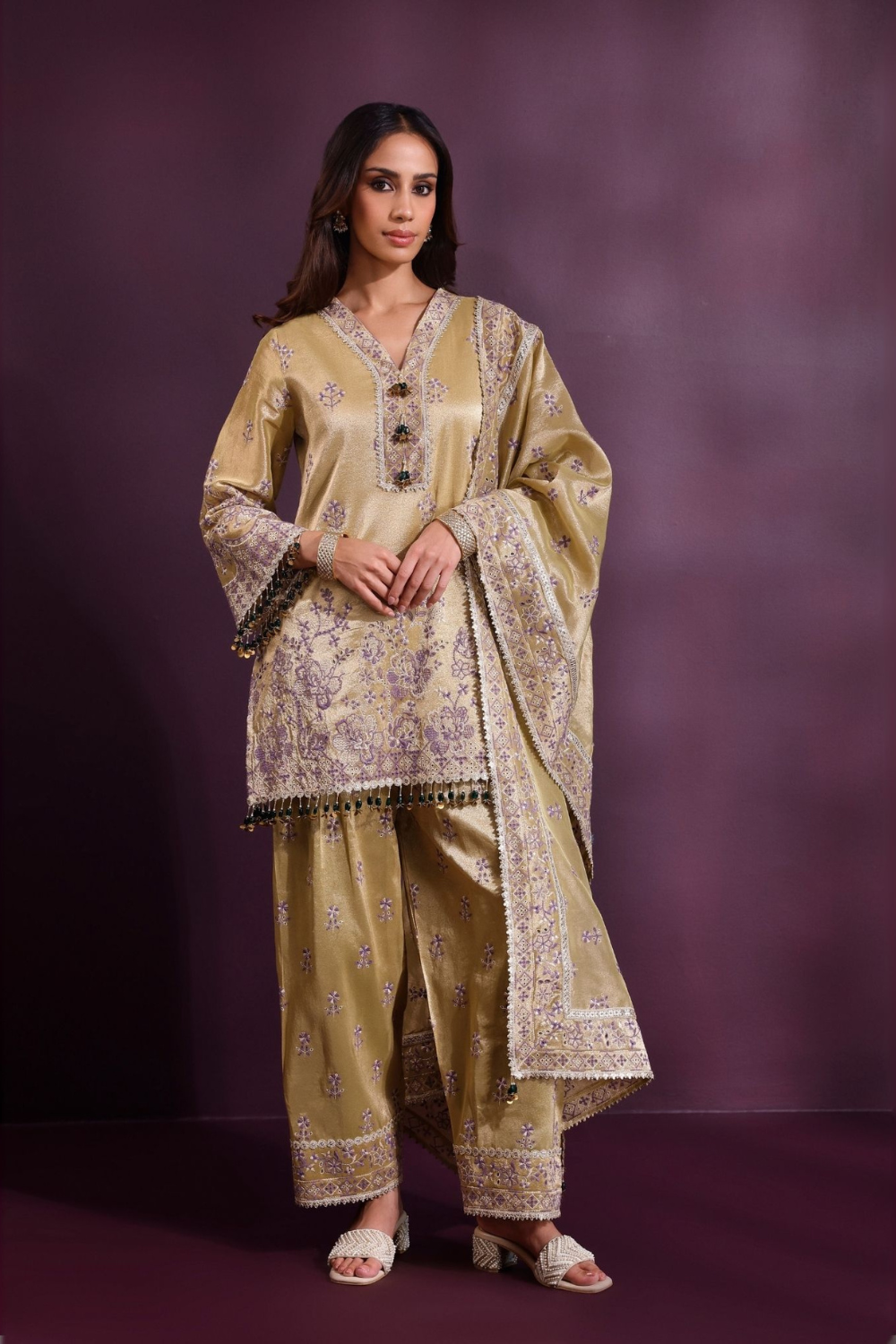Lovi Tissue Pista Green Kurta With Farshi Salwar