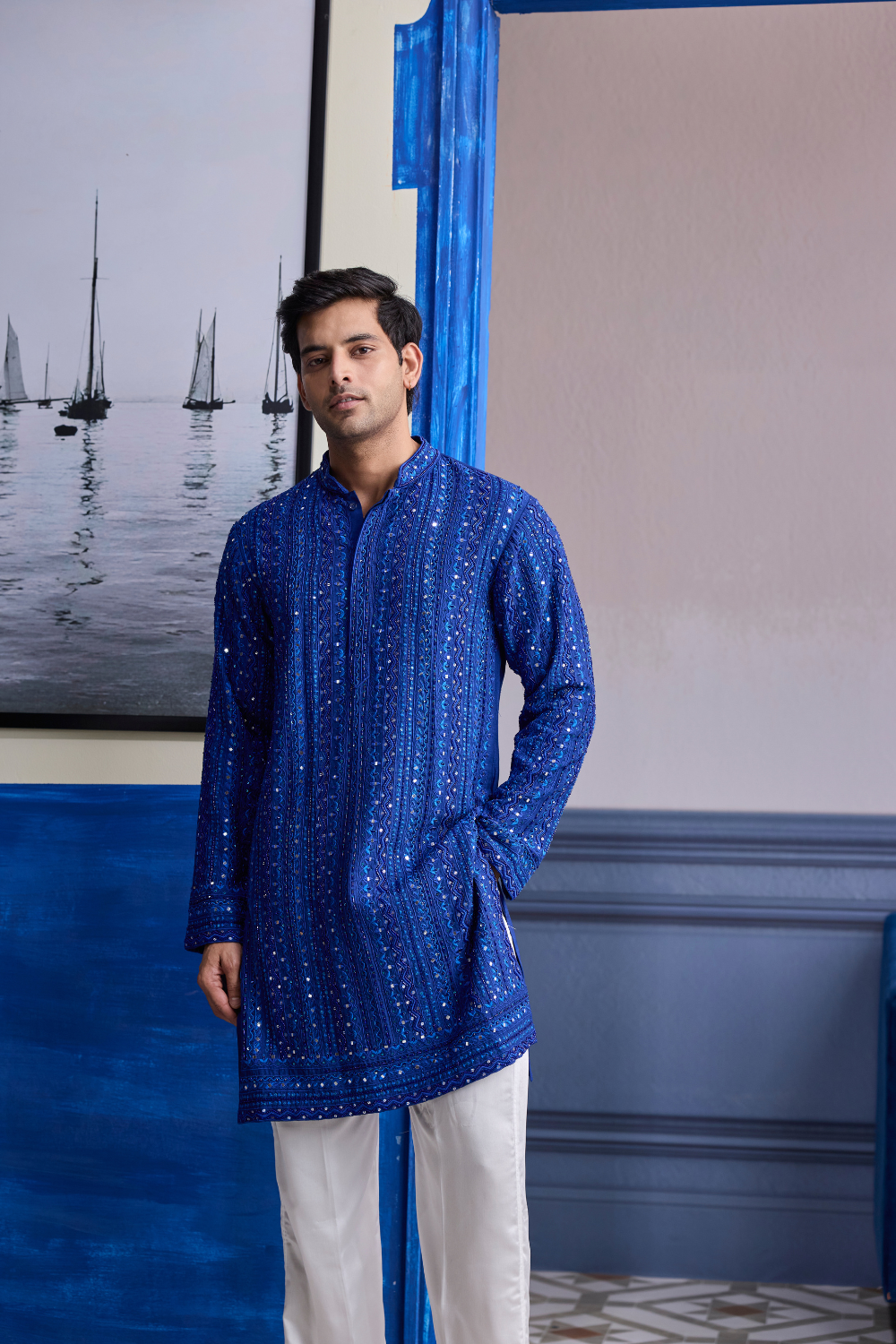 Electric Blue Mirror Embroidery & Thread Work Kurta with Pants