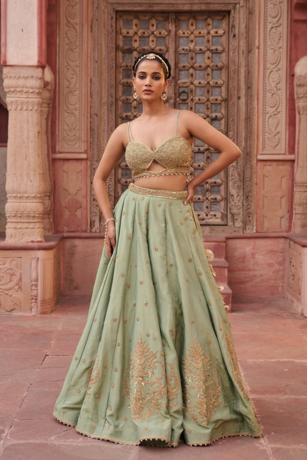 Mint green shimmer tissue Blouse, lehenga and dupatta