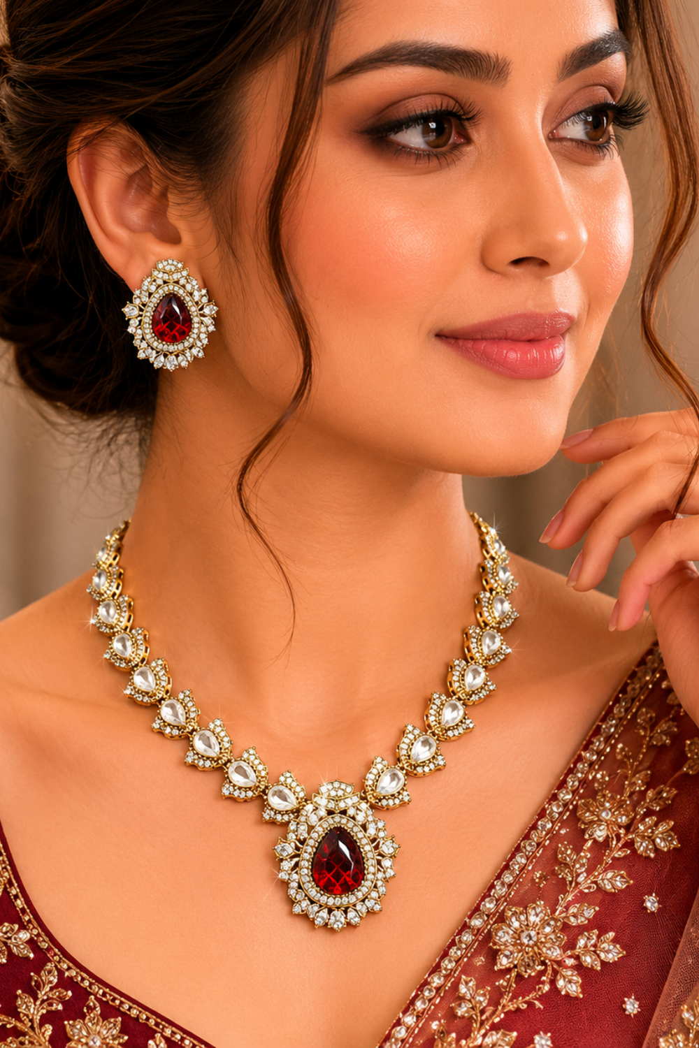 Ruby Red Jaipuri Kundan Statement Necklace Set with Matching Earrings