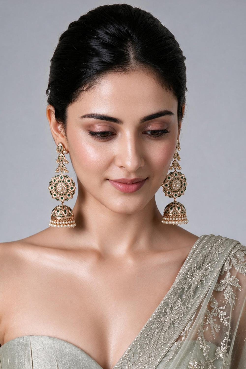 Emerald Green Stone Jadau Pearl Jhumka Earrings