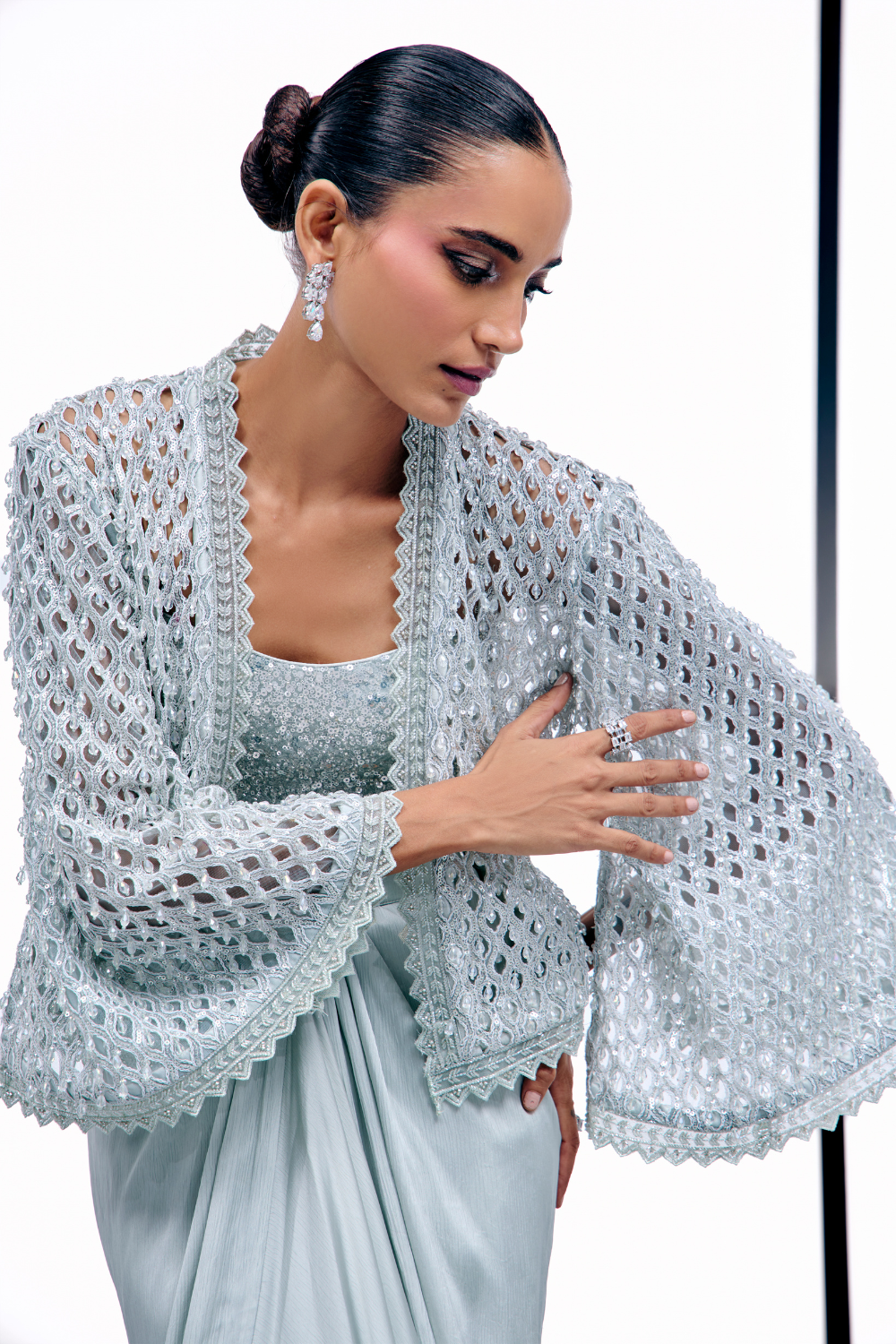 Ice Blue Cutwork Tassel Cape Set