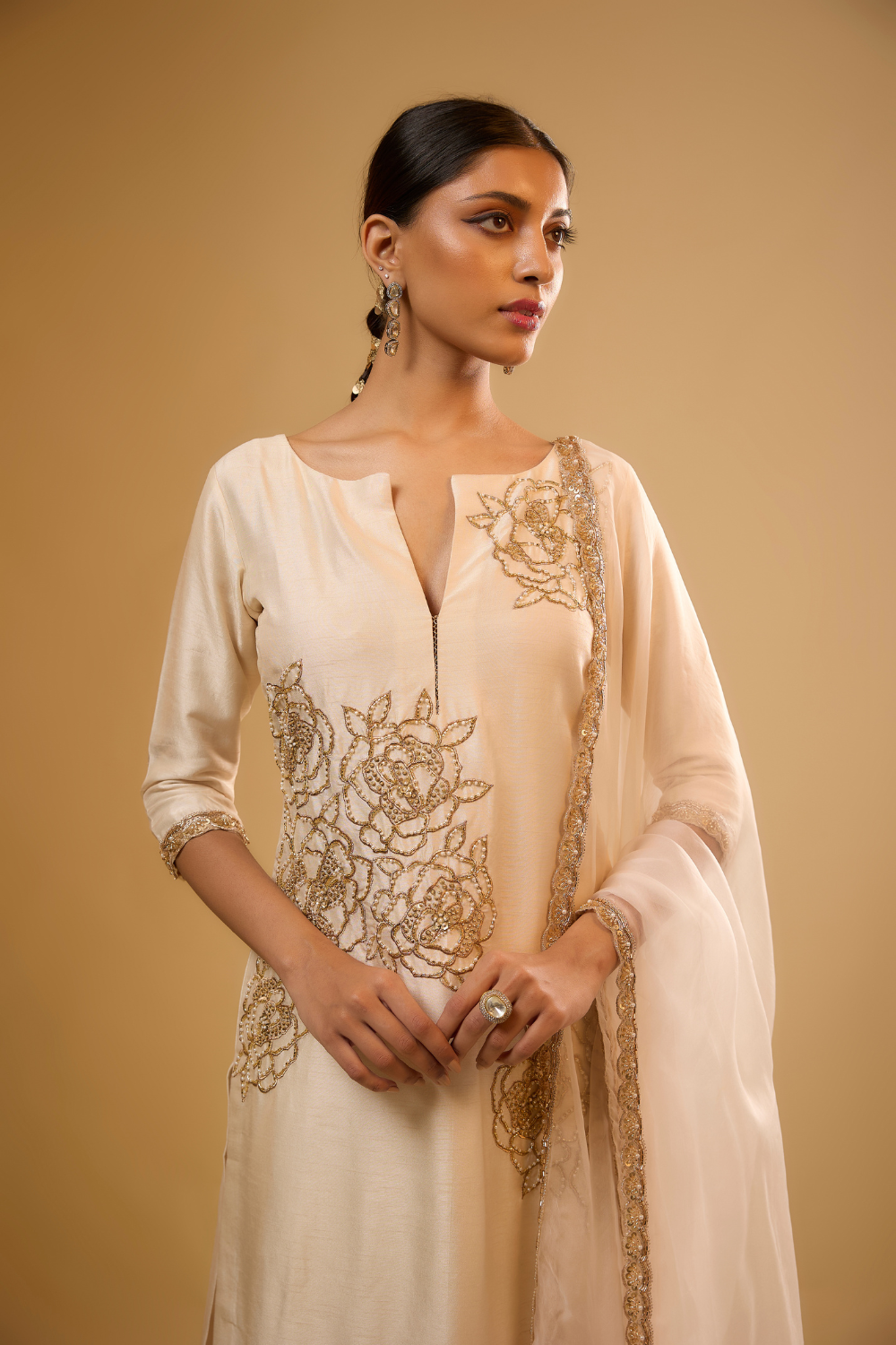 Vanilla white semi dupion kurta pants set with floral gold embroidery