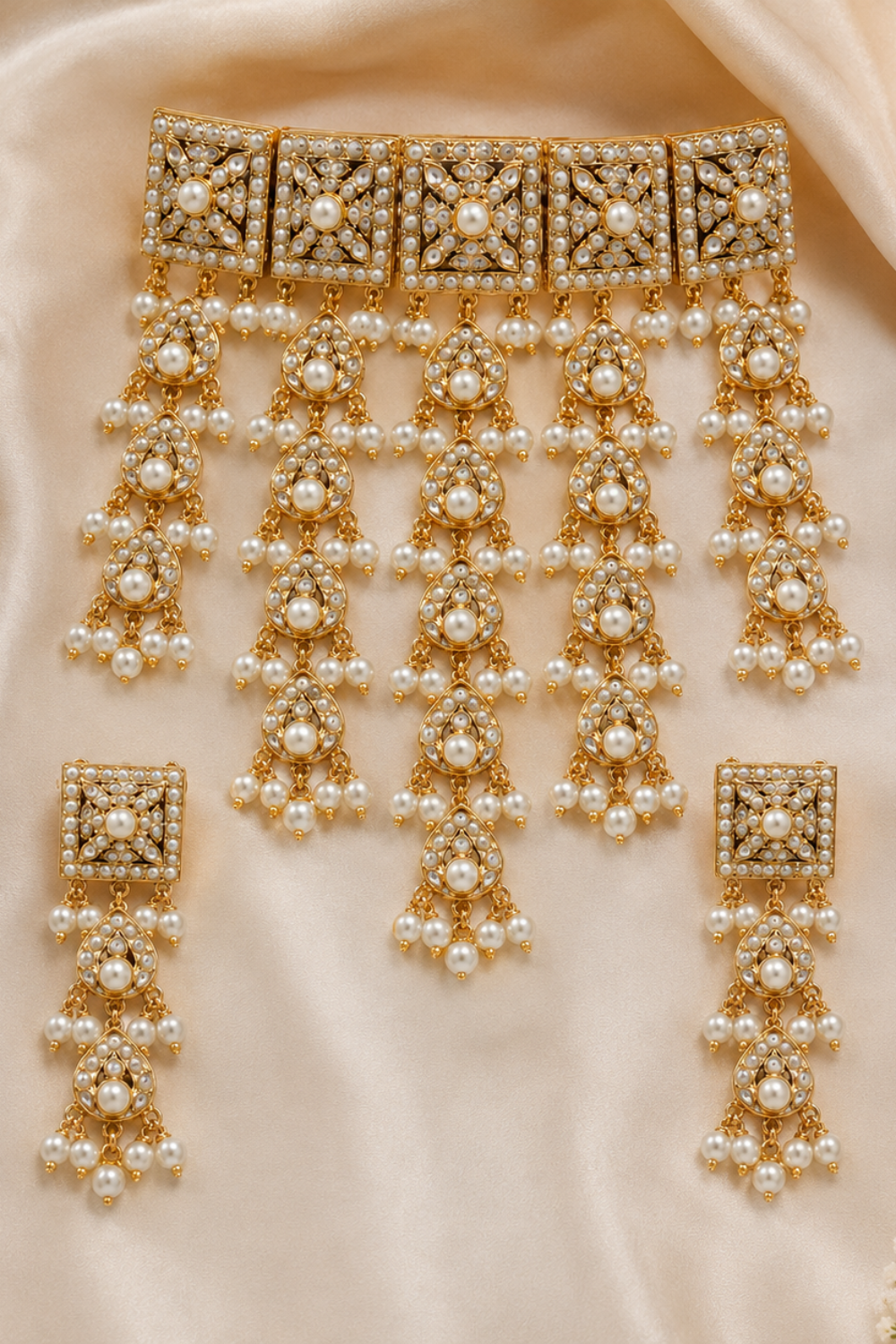 Gold Plated Handcrafted Jadau Necklace Set with Pearl Tassels