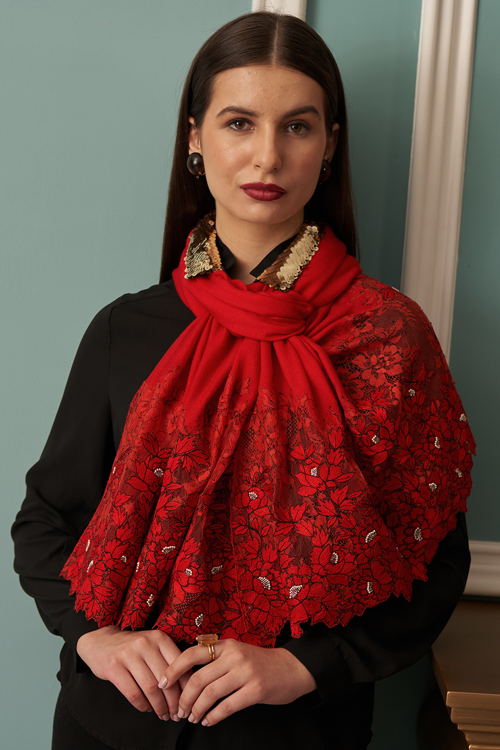 A Rose Filigree | Embroidered Wool Silk Stole – Red