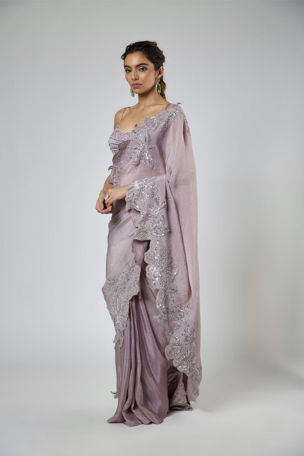 DUSTY LILAC AND PINK OMBRE CUT WORK INTRICATE EMBROIDERED SAREE SET