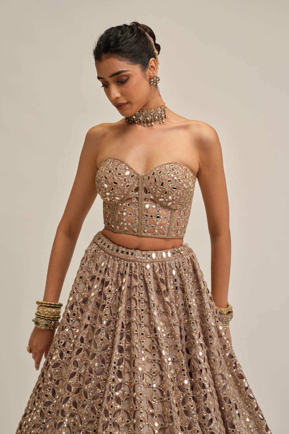 Ash Pink Circular Cutwork Crop Top Skirt Set