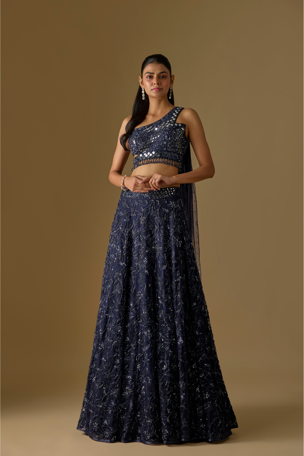 Tidea- Navy Blue Lehenga & One-Shoulder Blouse with Back Tail