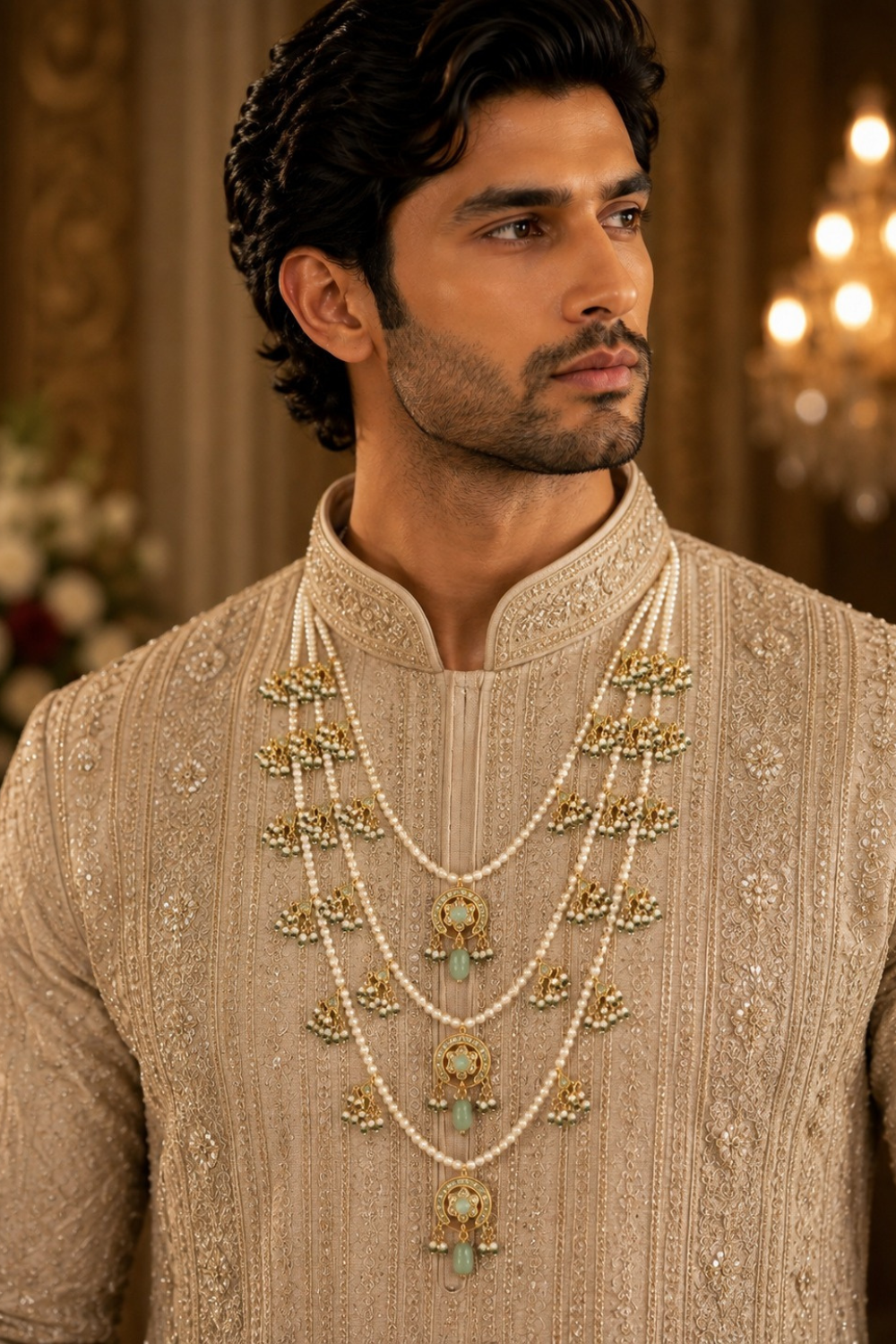 Three-Layered Pearl & Kundan Groom Mala