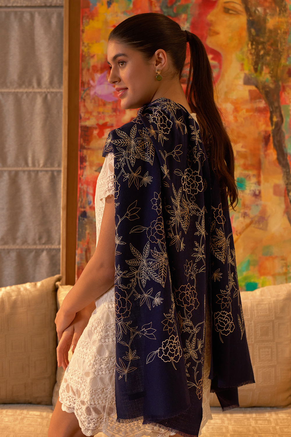 Golden Peony | Embroidered Fine Merino Wool Stole – Navy