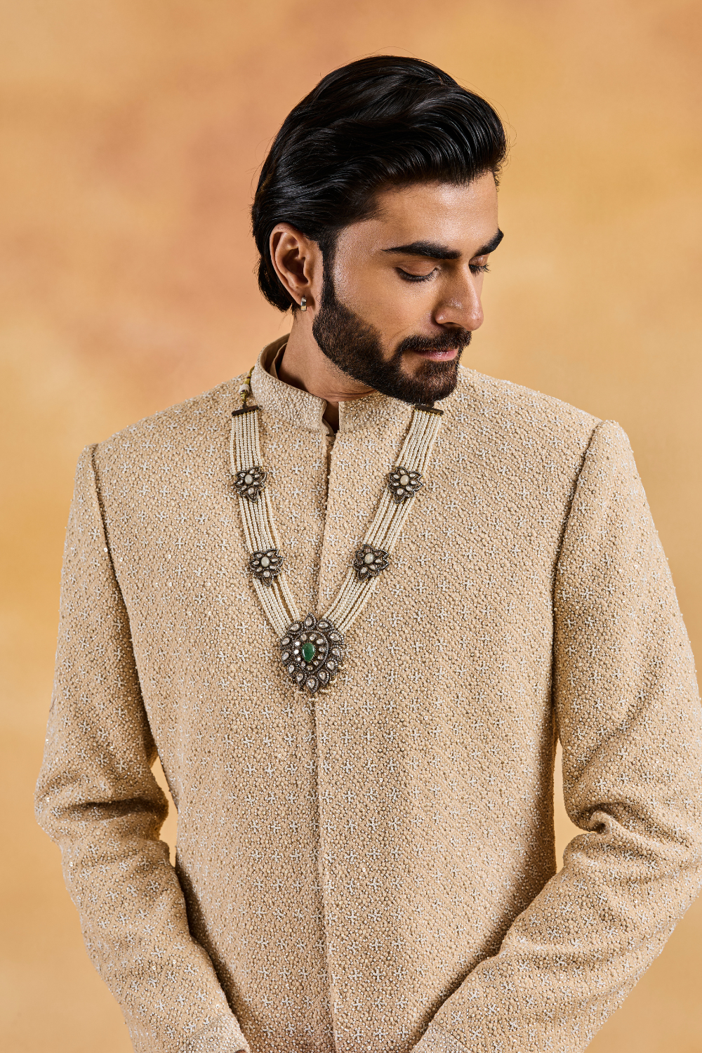 Champagne Raw Silk Sherwani Kurta Churidar Set