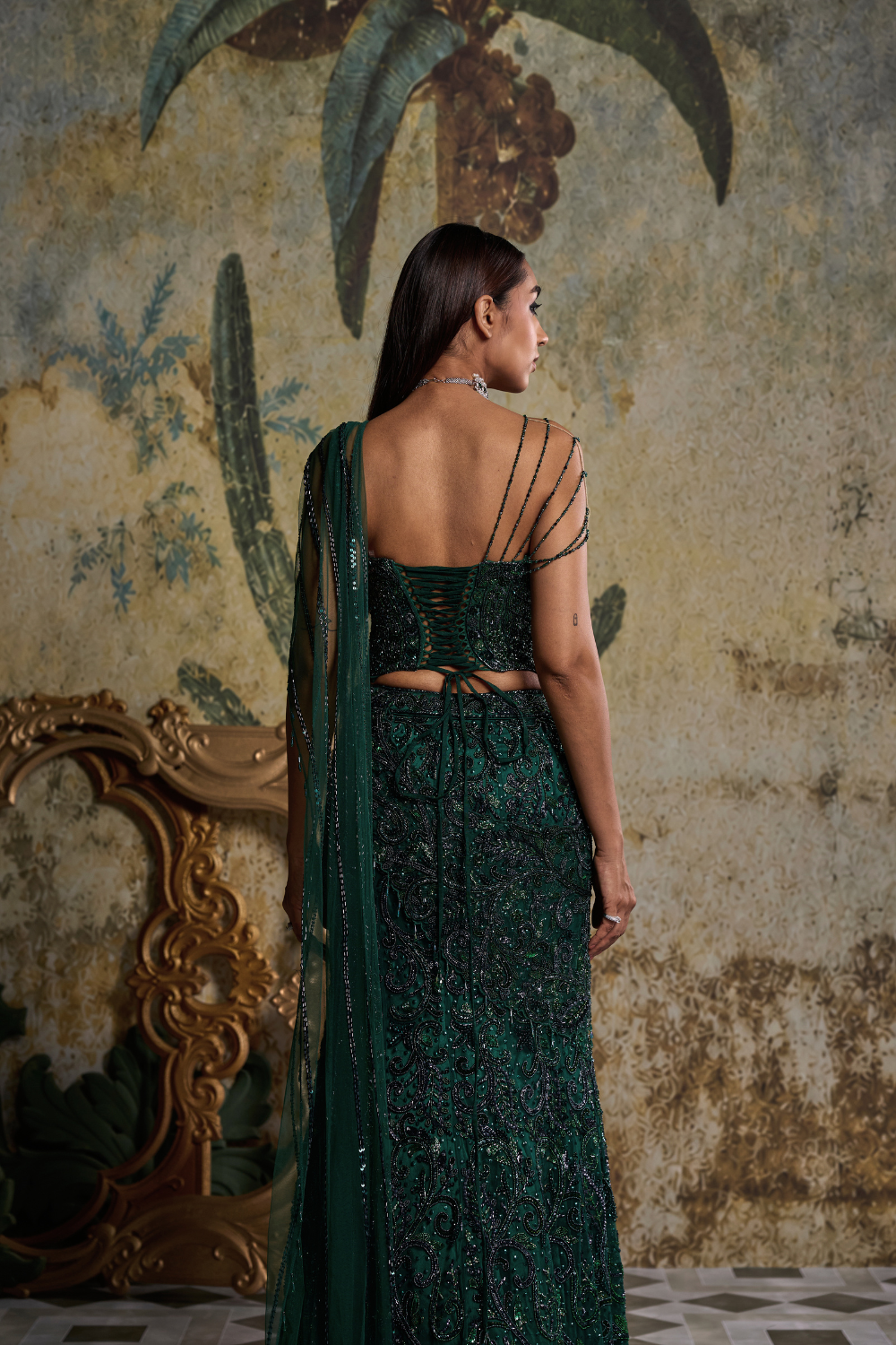 Bottle Green Embellished Corset Saree Set