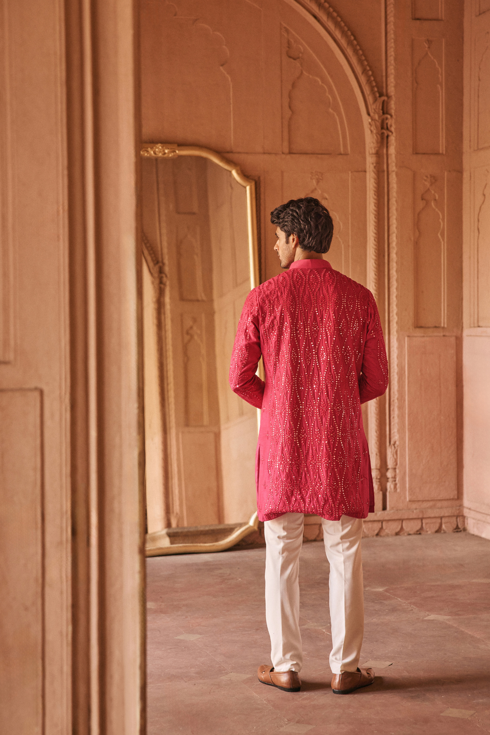 Pink, mirrorwork, raw silk, kurta ensemble