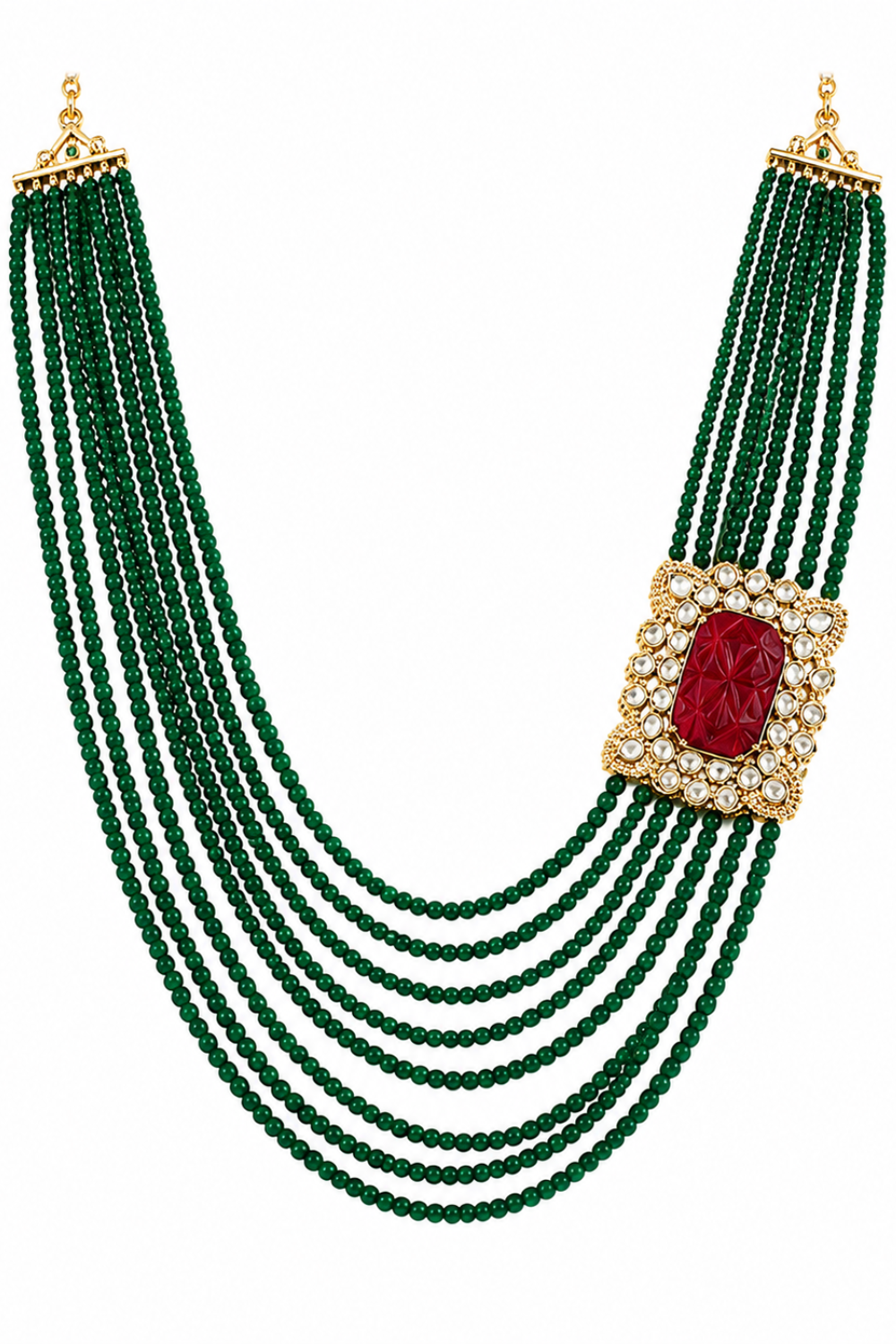 Layered Green Beaded Kundan Statement Mala