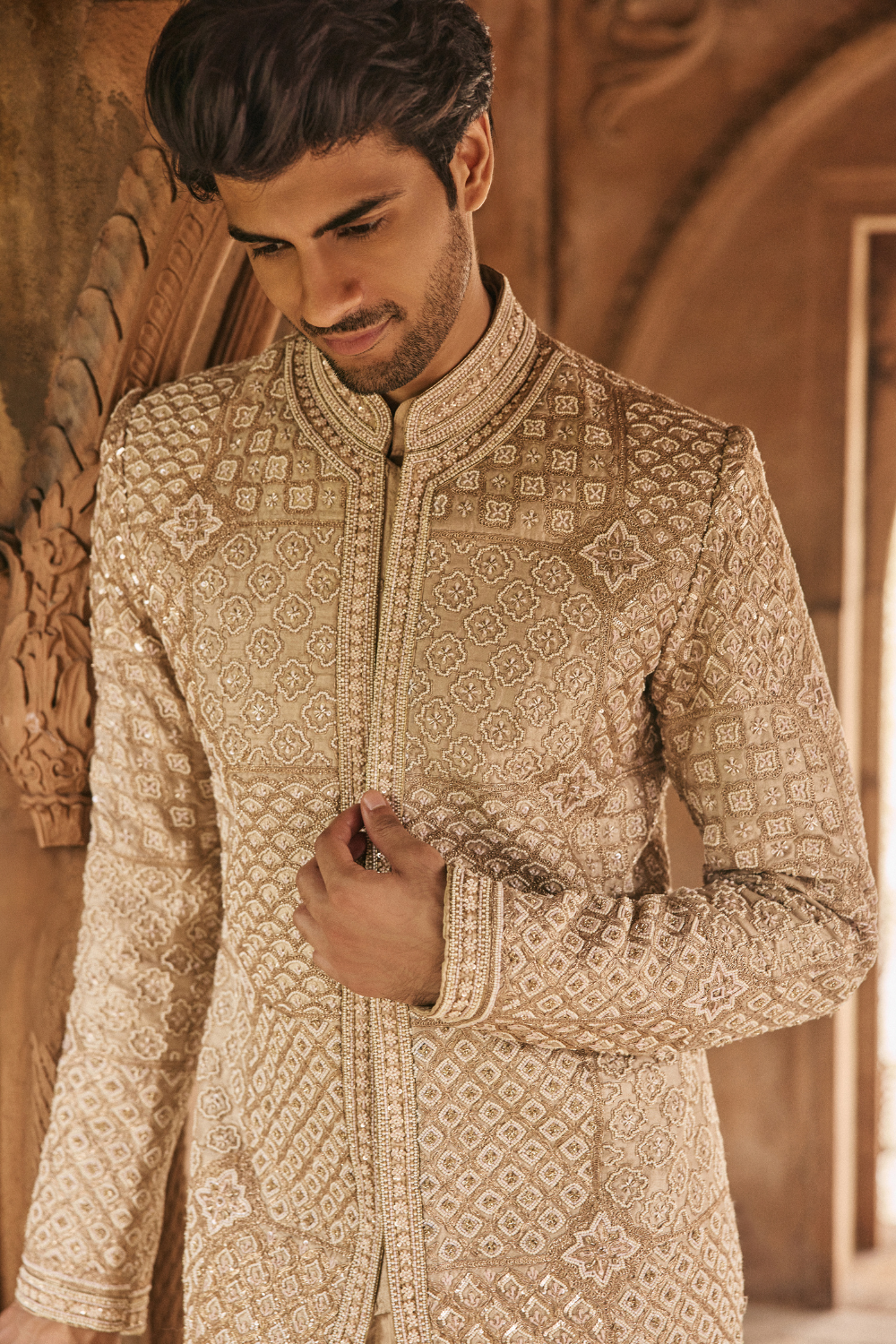 Ecru, beige, dori embroidery, jacket ensemble