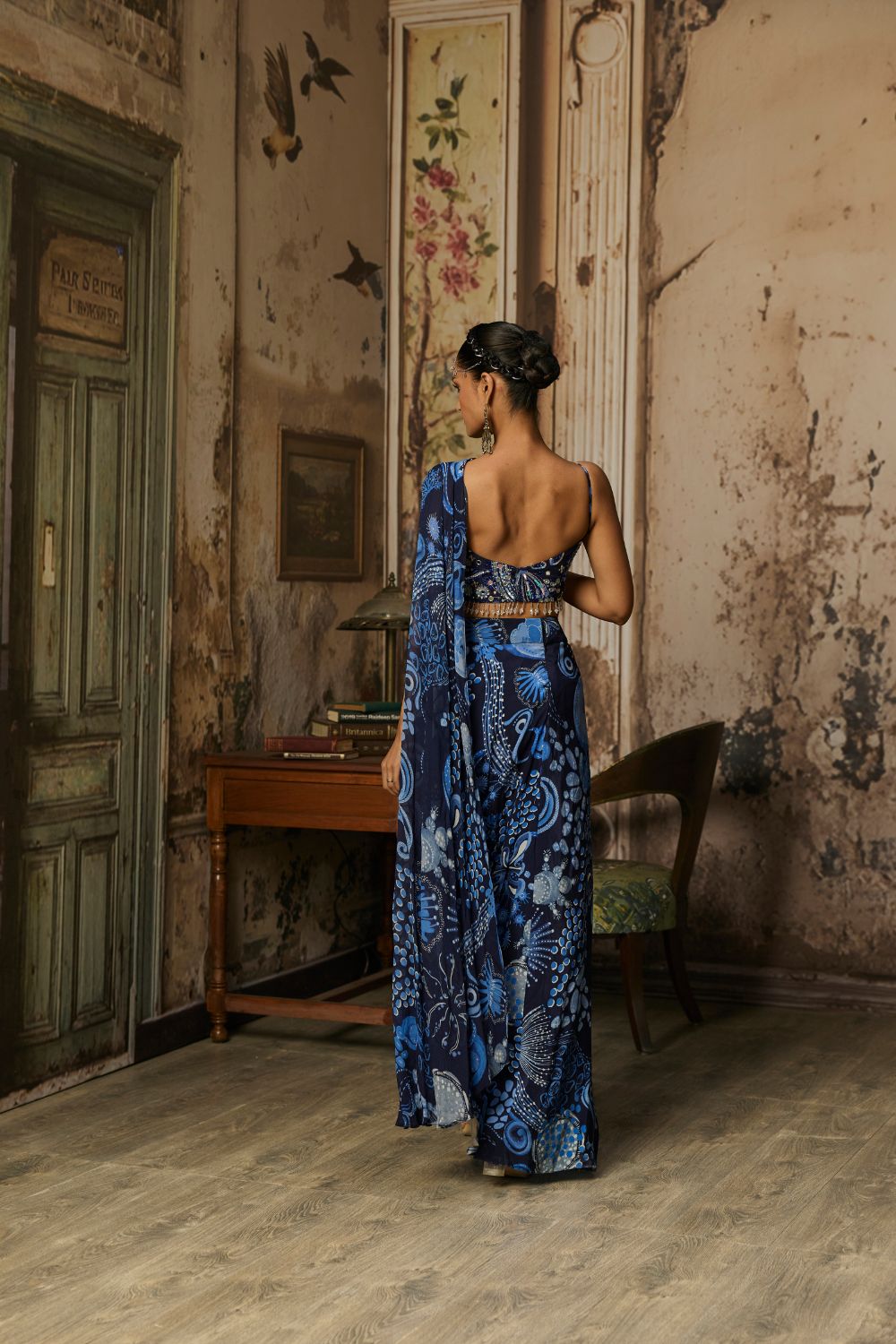 NAVY BLUE PRINTED DRAPE ASYMMETRIC CROP TOP AND SKIRT SET