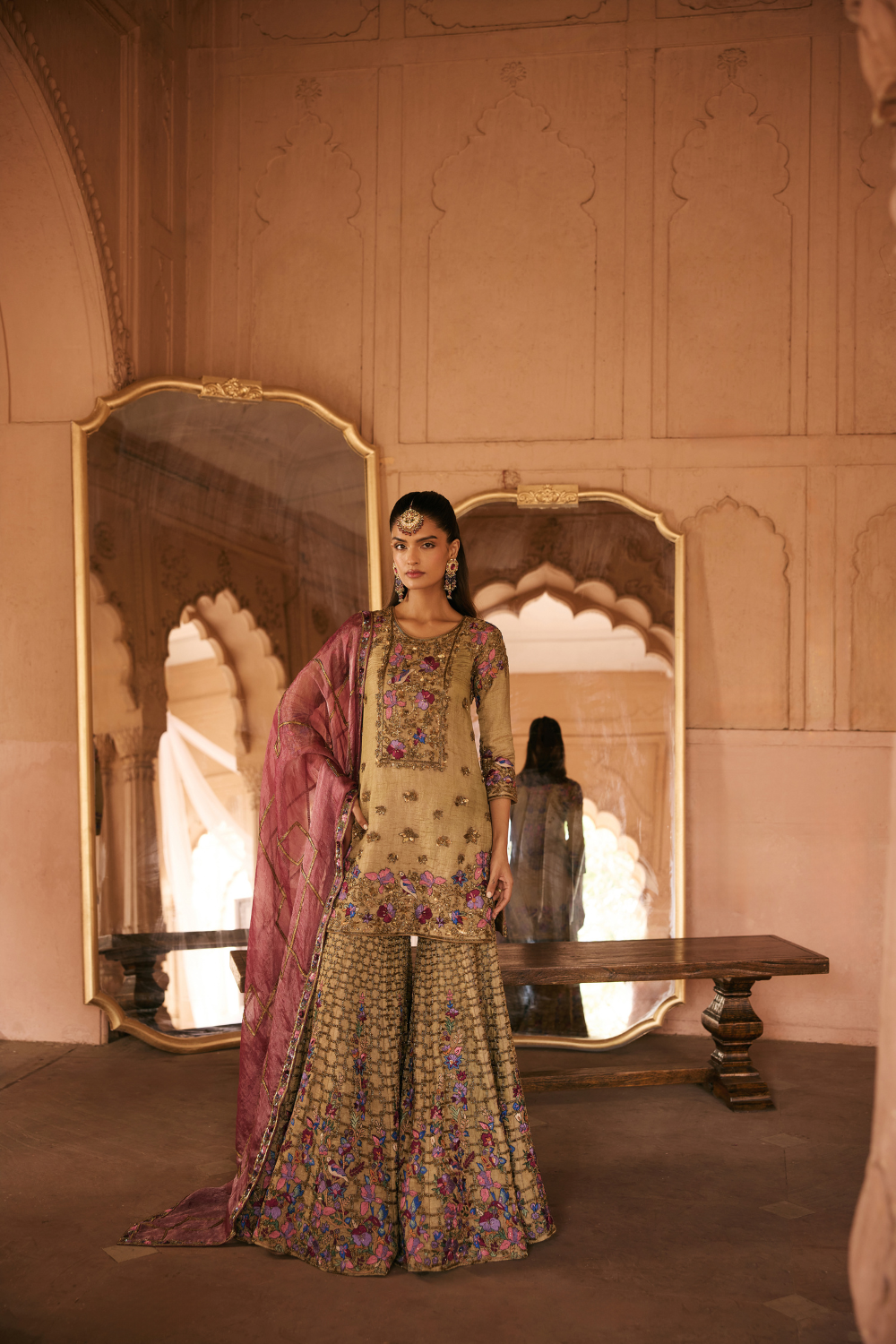 Multi-coloured, Gold, resham gharara Set
