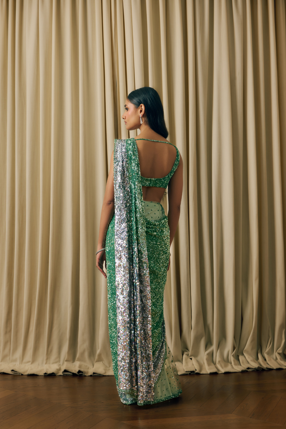 Mint silver ombre sequin saree