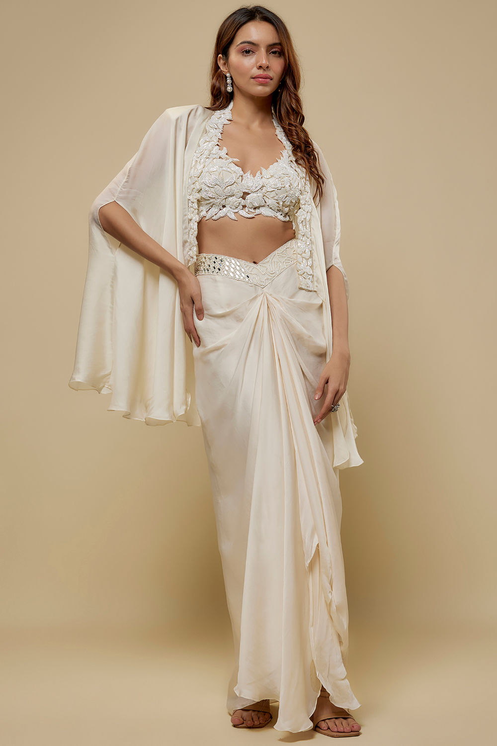 Finch- Drape skirt paired with hand embroidered floral blouse and cape