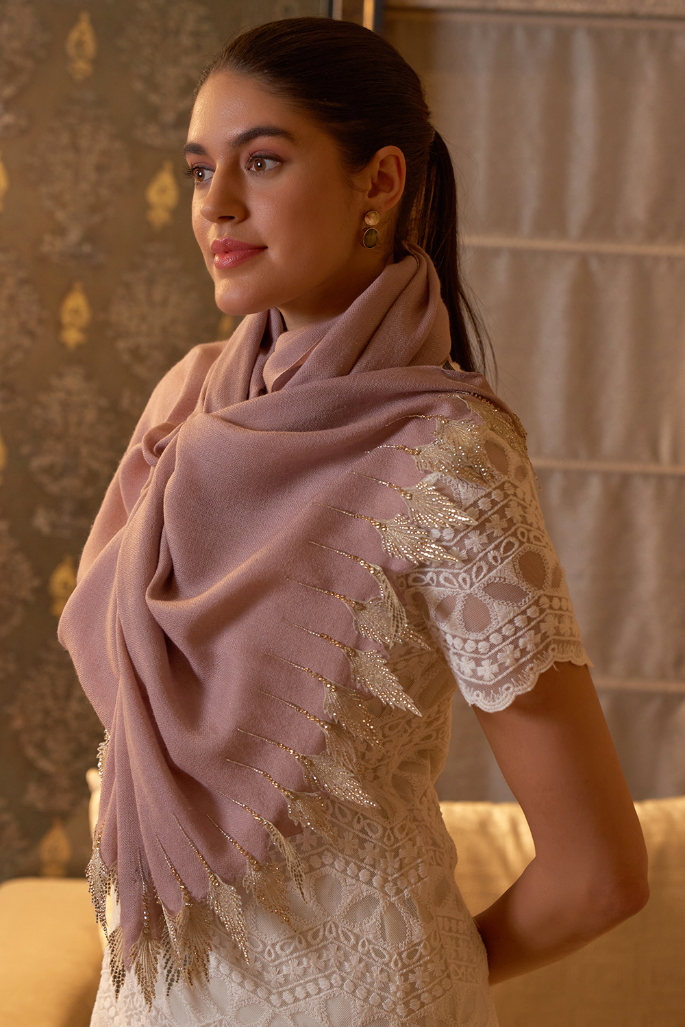 Leafy Sparkle | Embroidered Wool Silk Stole – Pale Mauve