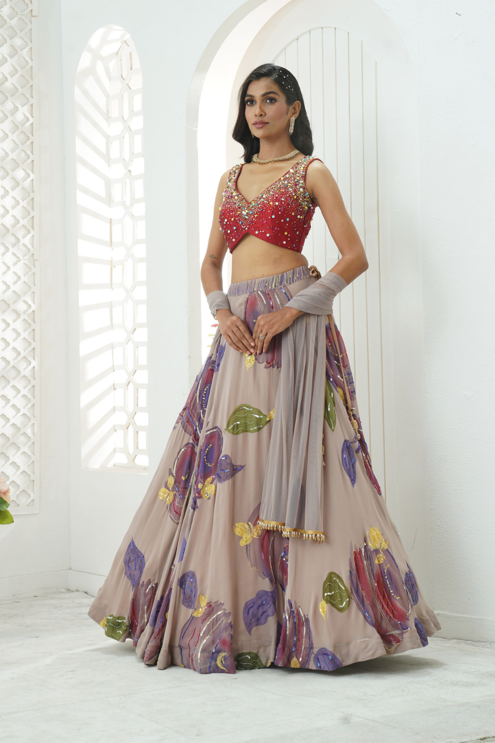 Mauve hand painted lehenga and embroidered Red blouse set