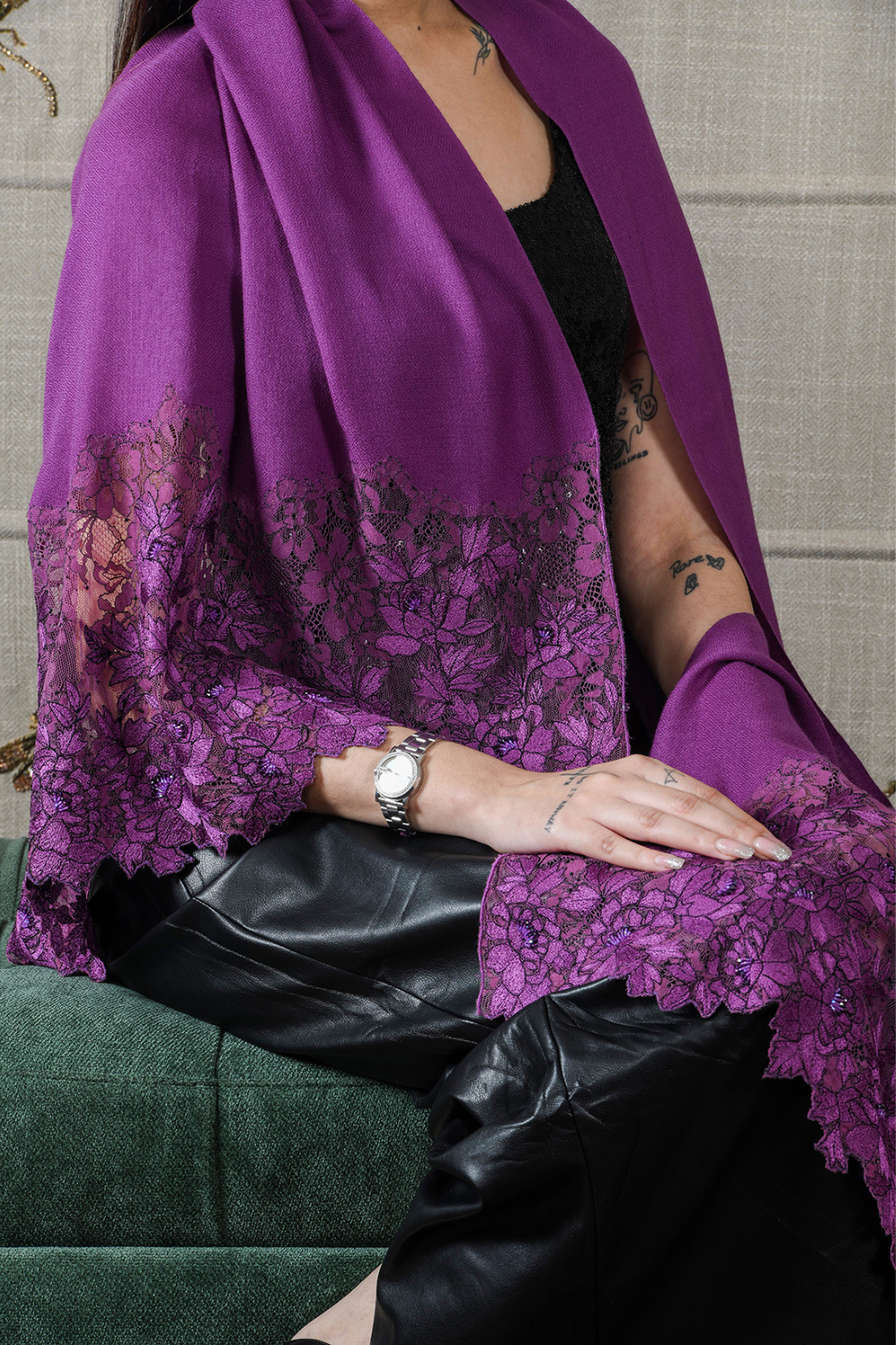 A Rose Filigree | Embroidered Wool Silk Stole – Plum