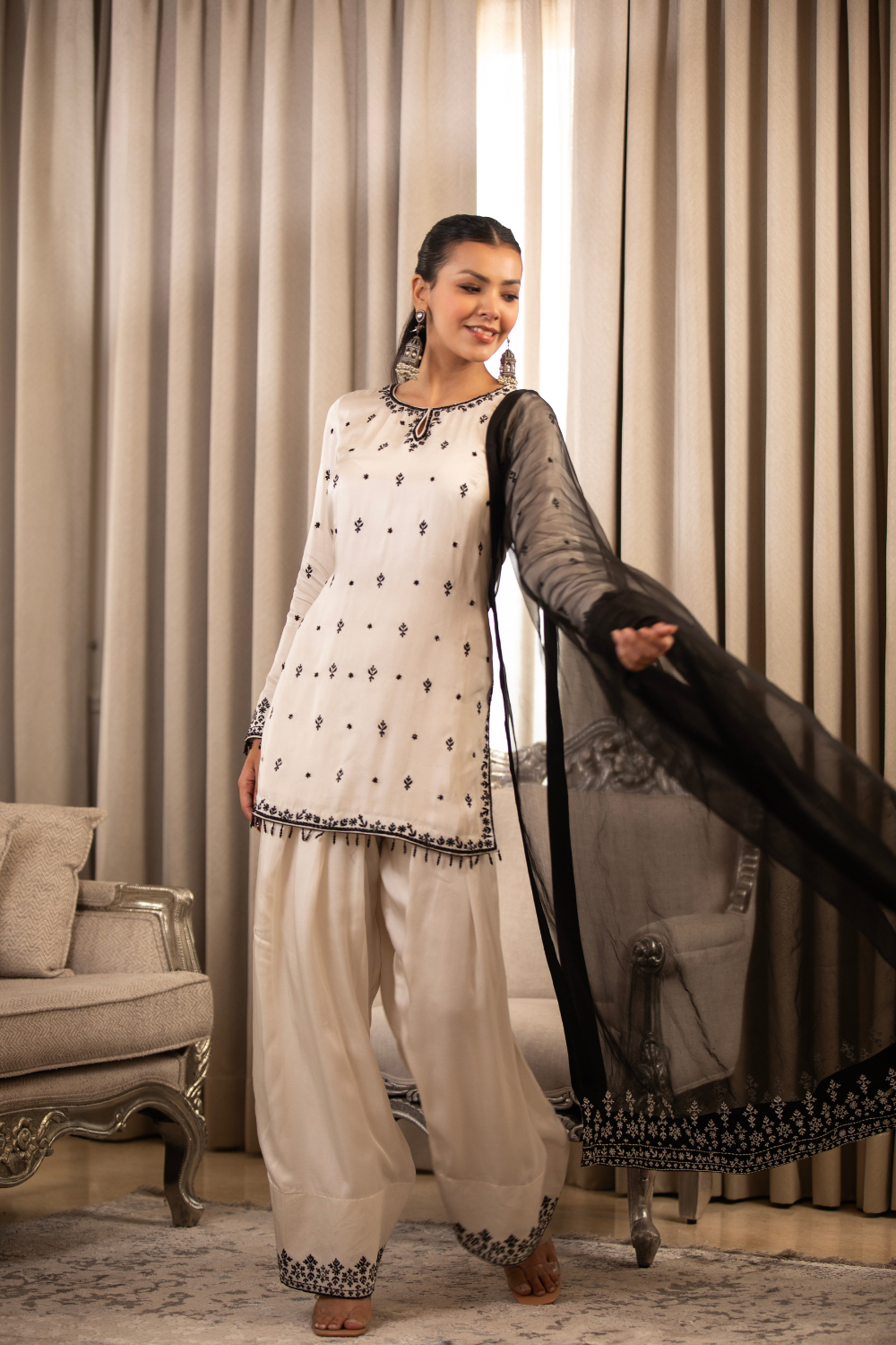 White On Black Dupatta Set