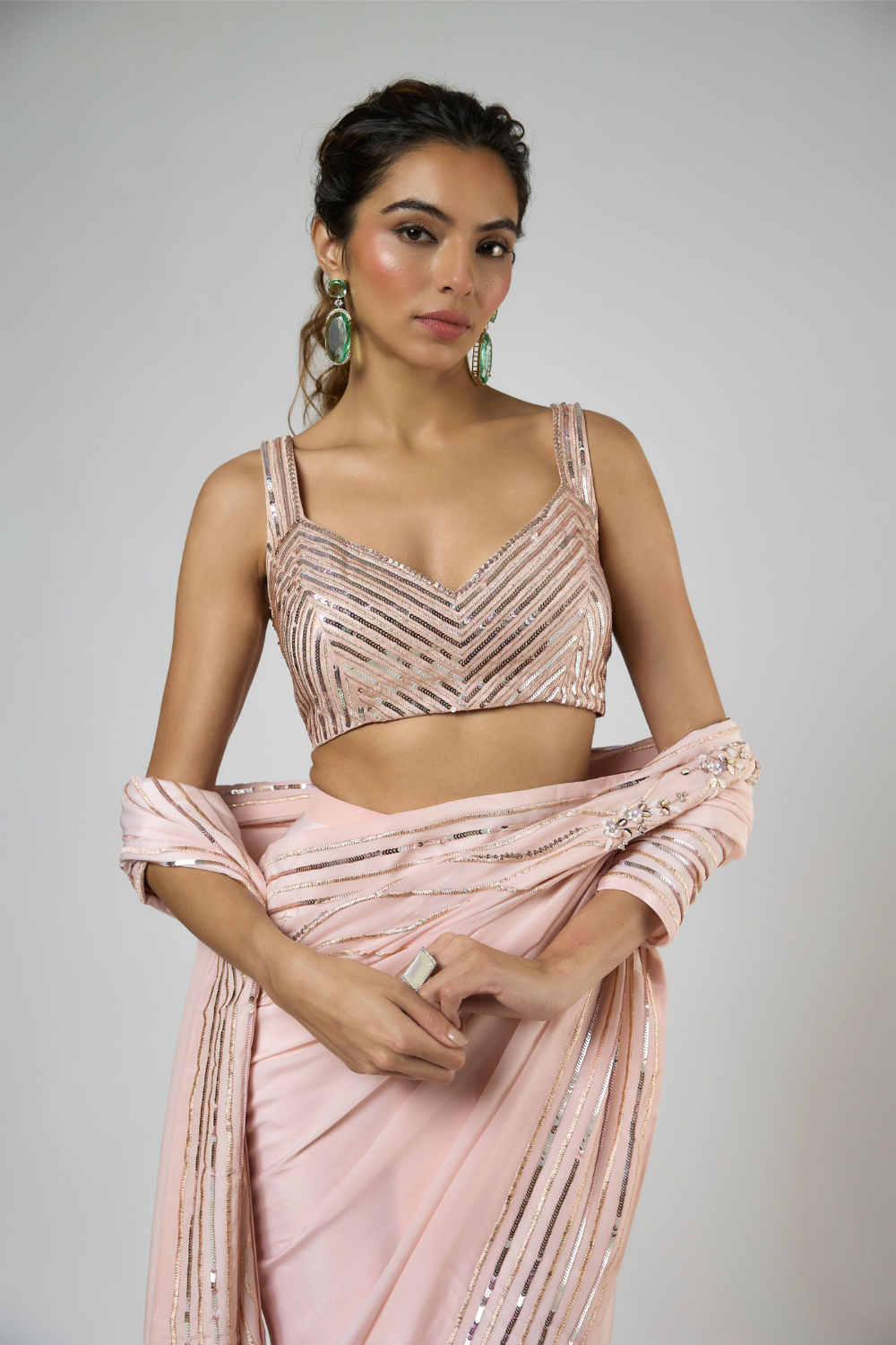 PEACHY PINK INTRICATE FLORAL EMBROIDERED SAREE WITH CORSET BLOUSE