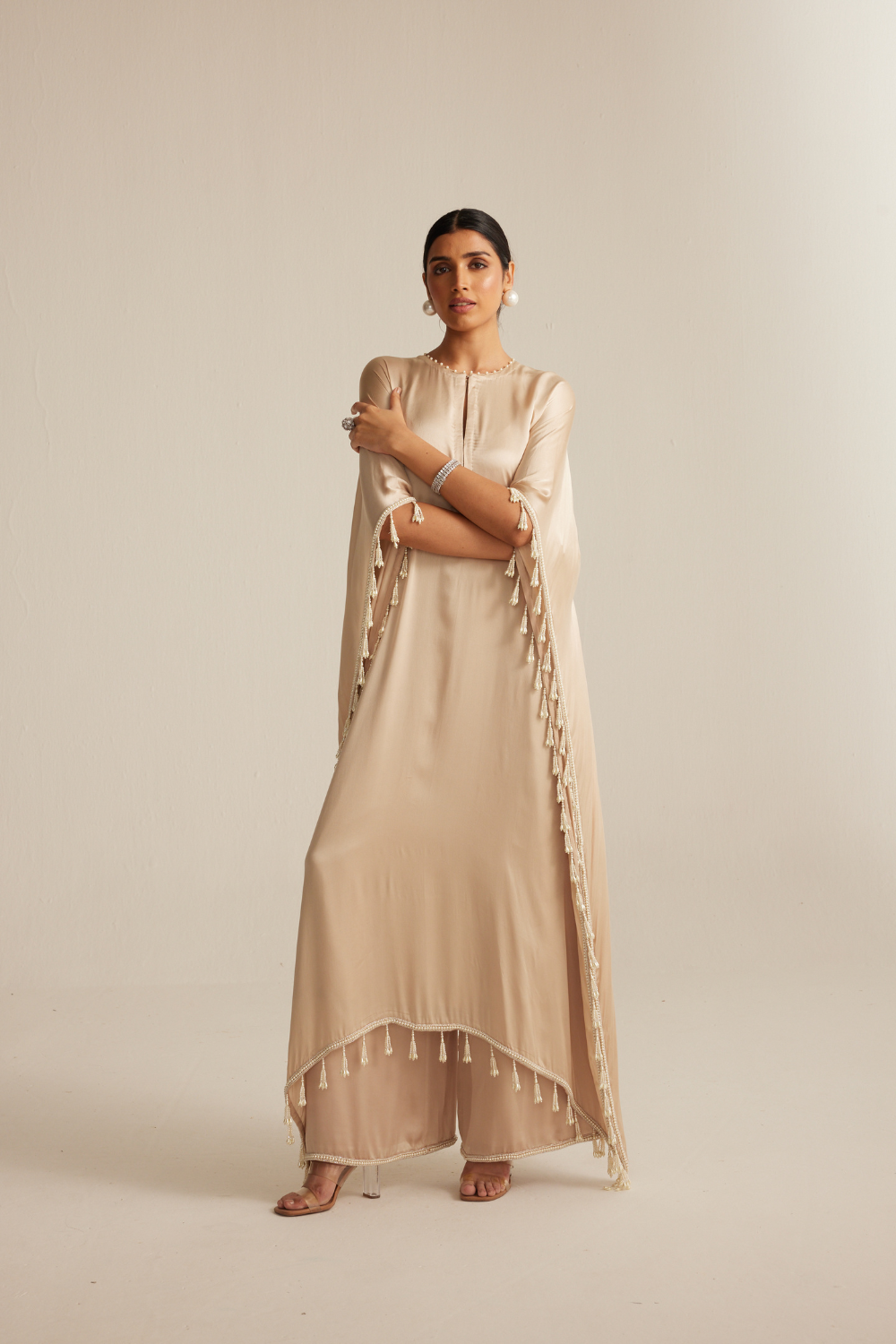 Light Beige Satin Kaftaan set