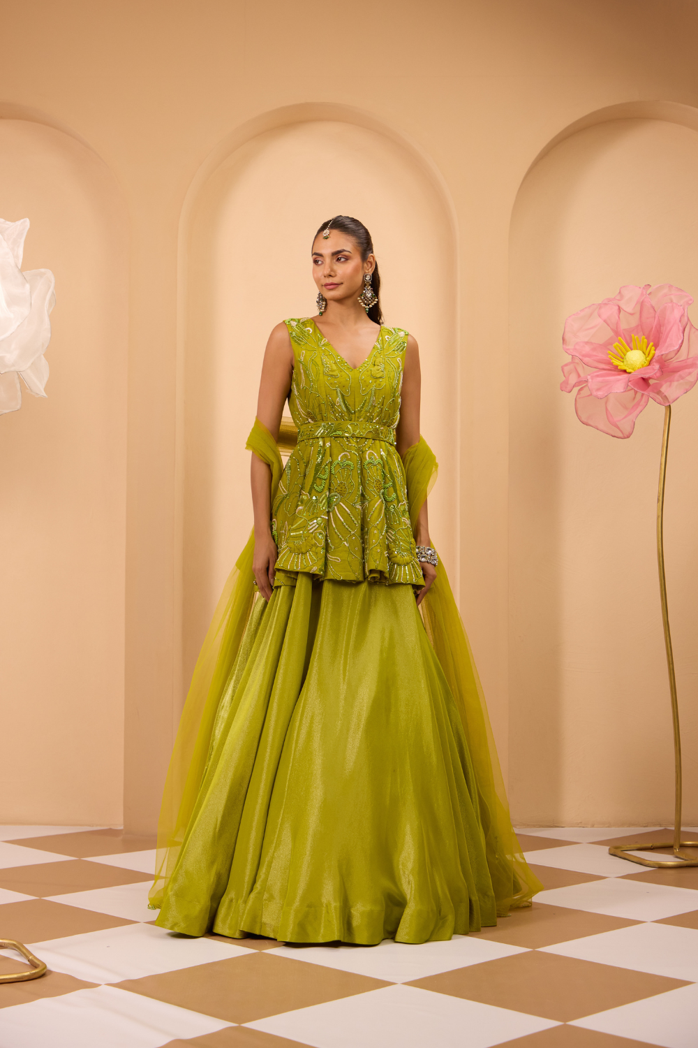 Green Hand Embroidered Peplum W/Lehenga & Dupatta