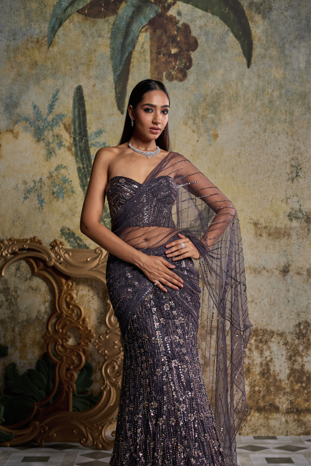 Charcoal Grey Floral Embellished Corset Saree Set