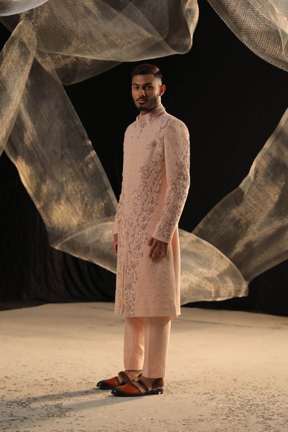 Cameo Pink Crape Sherwani With Dabka And Resham Work Embelished With Brass Work