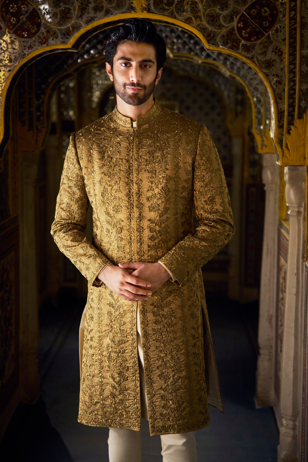 Antique Gold Tissue Sherwani Set