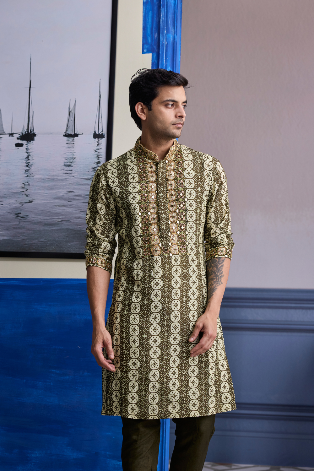 OLIVE BUTTA HIGHLIGHTED KURTA WITH SOLID PANTS