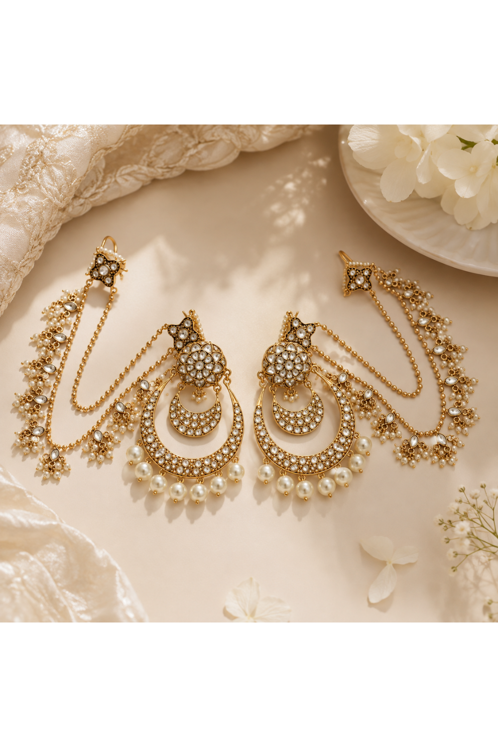 Kundan Pearl Chandbali Earrings with Ear Chains