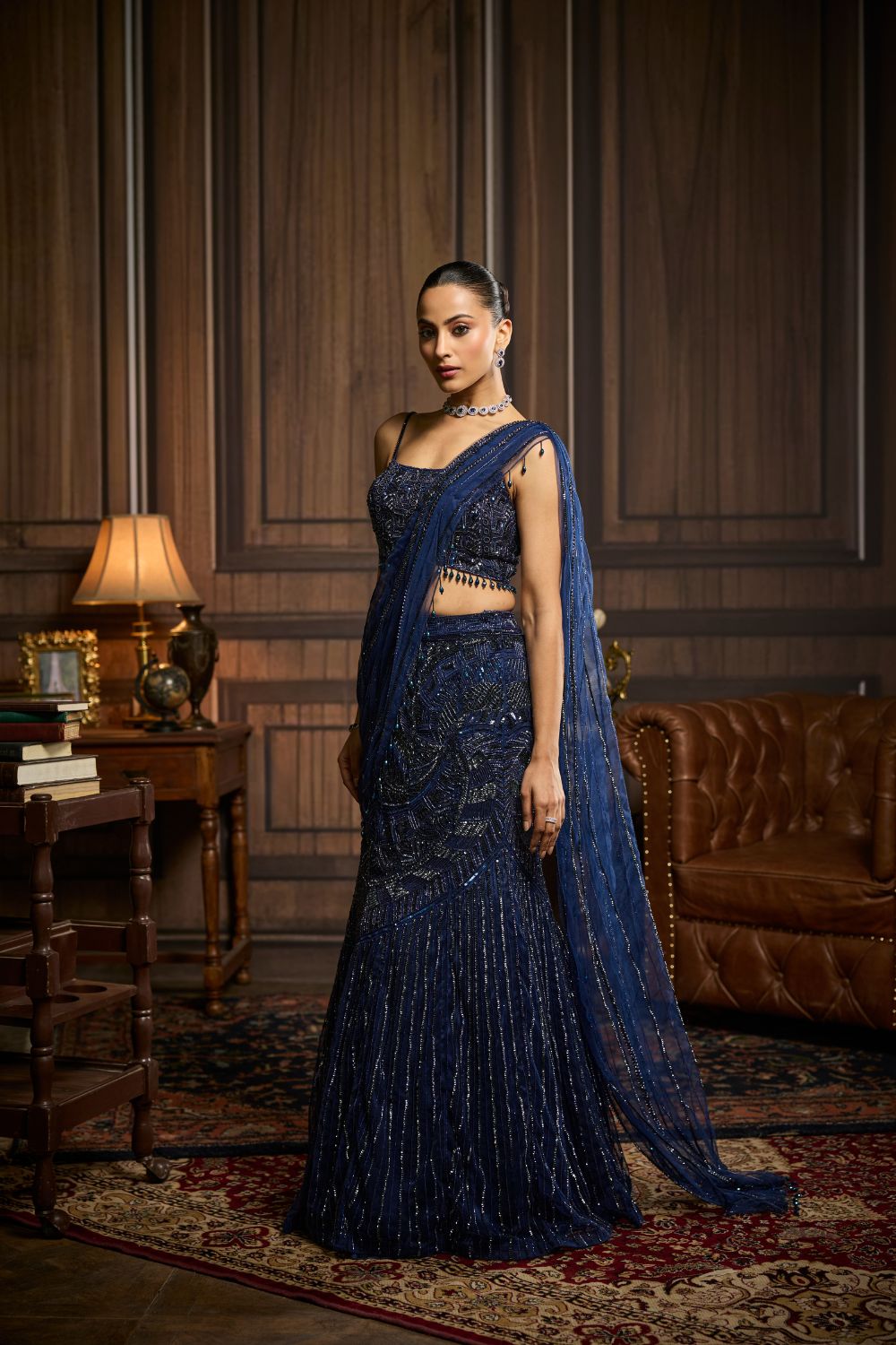 MIDNIGHT BLUE EMBELLISHED PRE-DRAPEDSKIRT SAREE SET