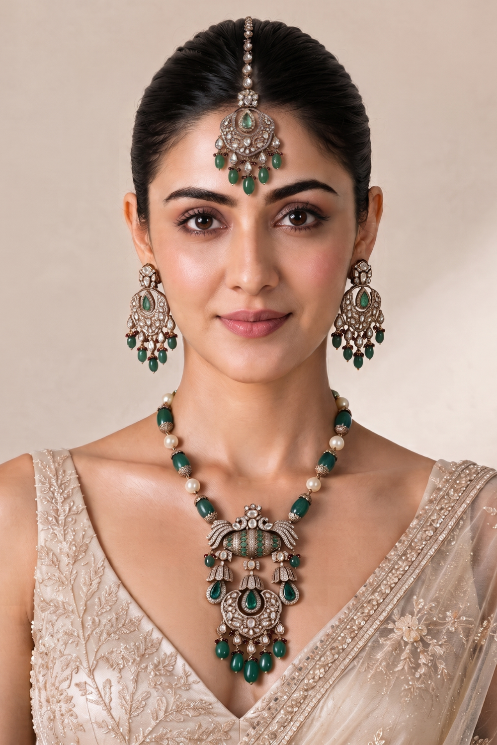 Emerald Green Semi-Precious Stone Kundan Long Necklace Set with Maang Tikka