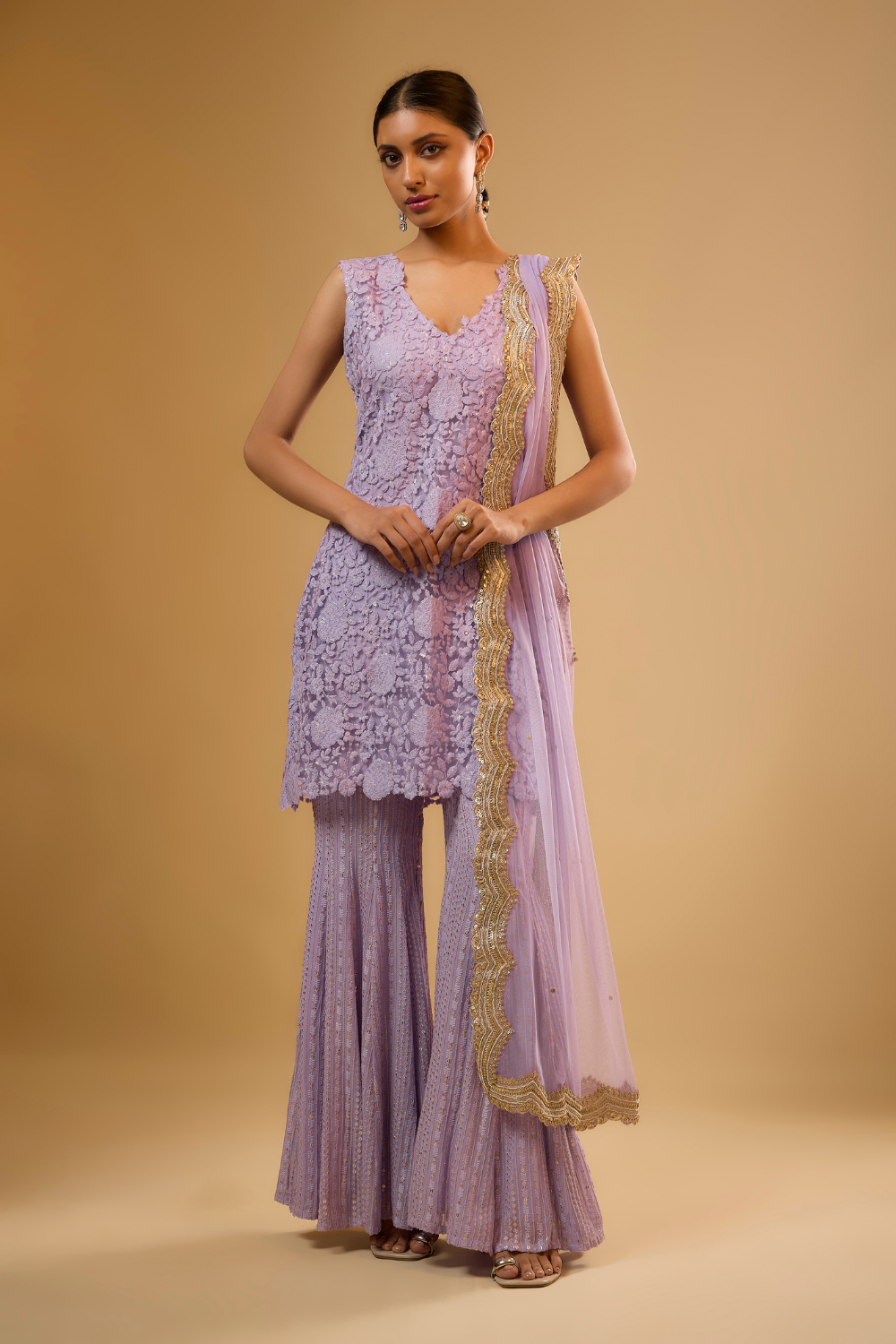 Lavender net kurta sharara set embroidered with sequin and threadwork