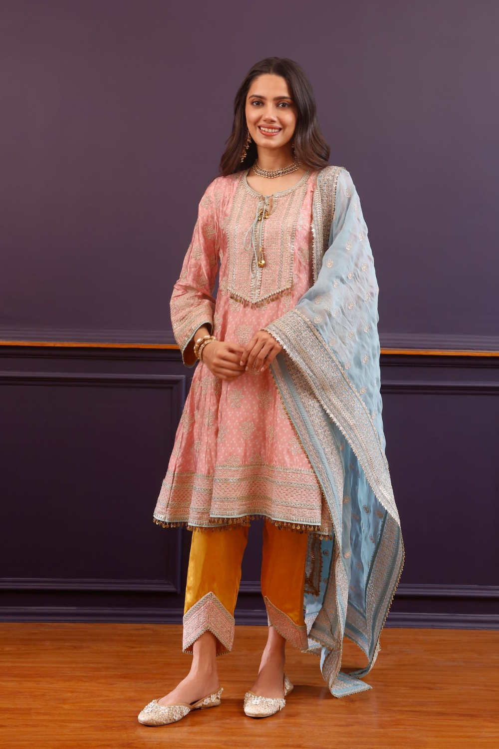 Arvini Cupro Satin Pink Anarkali Kurta Set