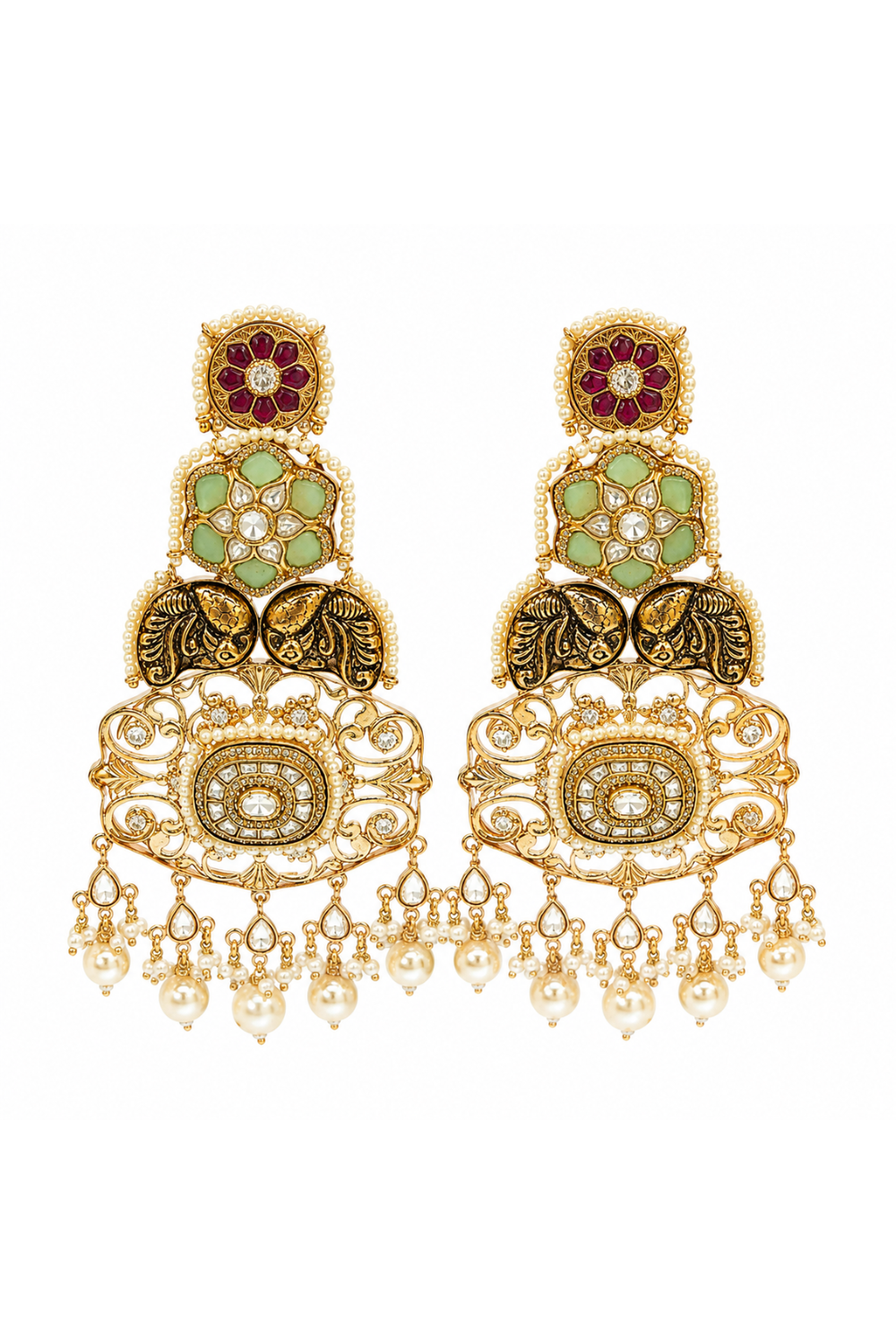 Multicolour Kundan Pearl Statement Earrings