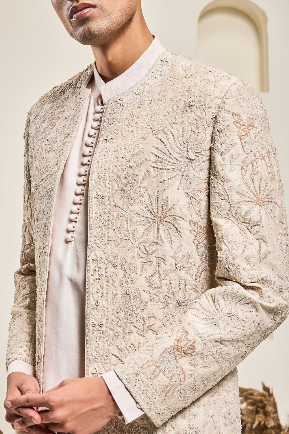 Dusty rose open bandhgala   with thread , sequins & pearl  work