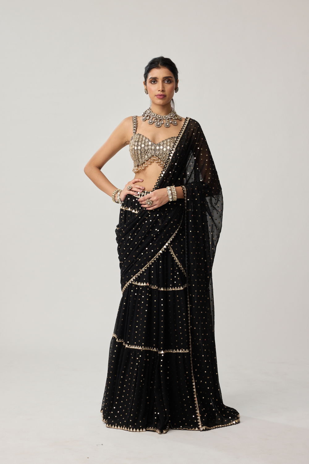 Black Georgette Multi-tier Saree Set